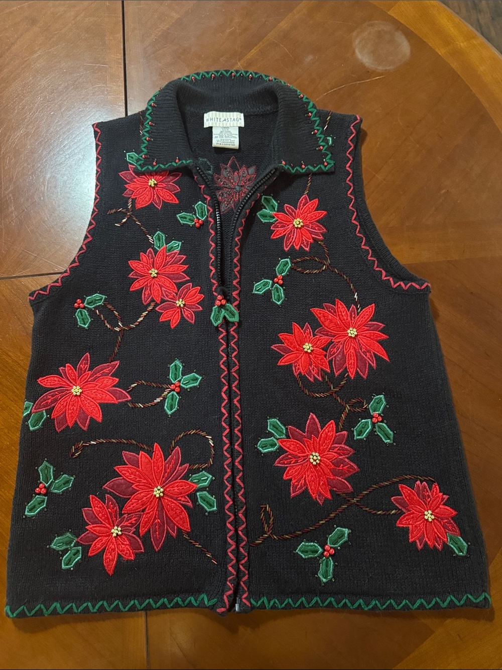 Vtg Women Ugly Christmas Sweater Vest Zip Up Poinsettia Embroidered Beaded 4/6